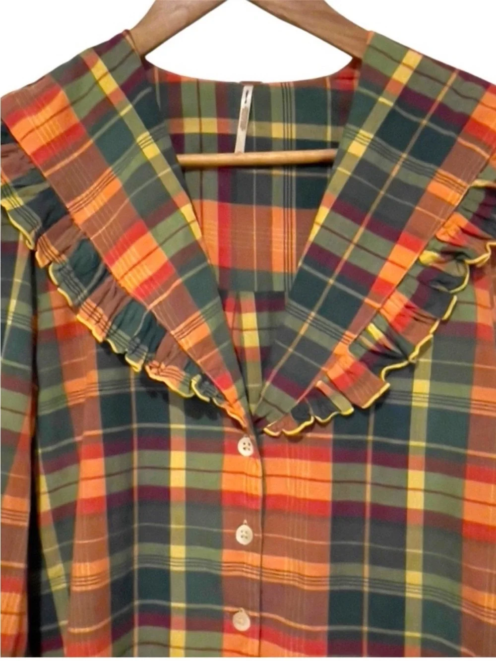 NWOT Free People Molly Plaid Ruffle Blouse XS Prairie Cottagecore Top
